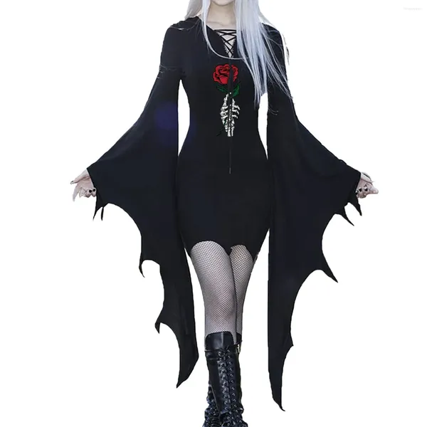 Vestidos casuales Vampiro Vestido de manga de murciélago grande para mujeres Disfraces de Halloween Adulto Cosplay Fiesta Gótica Vintage Lace Up Sudadera