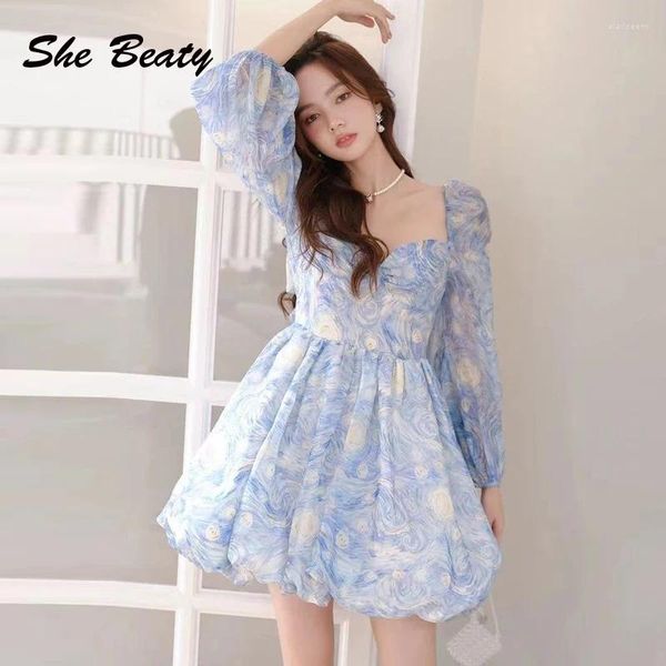 Vestidos casuales Van Gogh Retro Starry Sky Mini vestido estampado floral Vintage Cuello cuadrado Manga larga Sexy Hollow Out Lace Up Bow Party