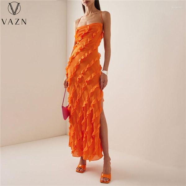 Vestidos casuales VAZN 2023 Diseñador de lujo Joven Sexy Holiday Faicycore Ruffles Halter Off Hombro Sin respaldo Mujeres Vestido largo recto