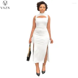 Casual jurken Vazn 2024 Aankomst Witte sexy club Jonge Hollow Out Turtleneck Tank Sleeve High Taille Women Long Pencil Spit Dress