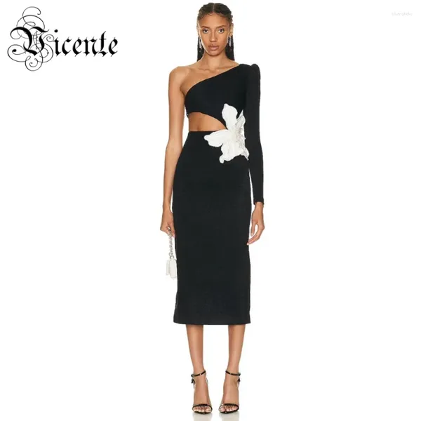 Robes décontractées VC Fashion Party pour femmes Sexy une épaule taille haute blanc grande fleur décoration midi noir bandage femme vêtements