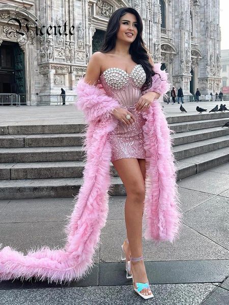 Vestidos informales VC VC Luxury Vestido para mujeres Sfufra de plumas rosadas sin tirantes con lentejuelas de cristal mini fiestas de celebridades Vestido 2024 Trendy