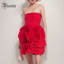 Casual jurken VC Red Cocktail Party Vrouwen Strapless mouwloze chique en mooie 3D -bloem zoete schattige een -lijn mini -jurk