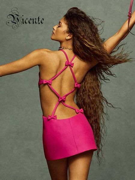 Vestidos casuales VC Mujer Sexy Bow Backless Design Cut Out Sin mangas Hot Pink Halter Party Club Wear Cóctel Vendaje Mini vestido Vestidos Z0506