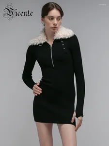 Casual jurken VC damesjurk 2024 Herfst winterkleding lange mouwen lange mouwen faux wol turn down kraag zipper zwart bandage mini