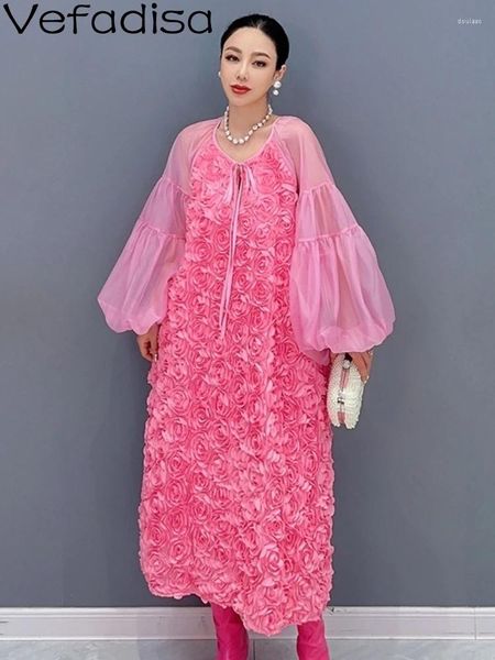 Vestidos casuales Vefadisa 2023 Otoño Womne Vestido rosa Jersey Rose Empalmado Malla Pesada Industria Pesada Color Sólido Moda Tendencia Mujeres ZY2323