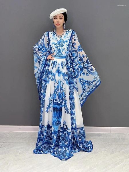 Vestidos casuales Vefadisa Moda Estilo chino Tendencia Azul y blanco Porcelana Impresión suelta Vestido largo vintage Causal Grande Delgado Suave LWL001