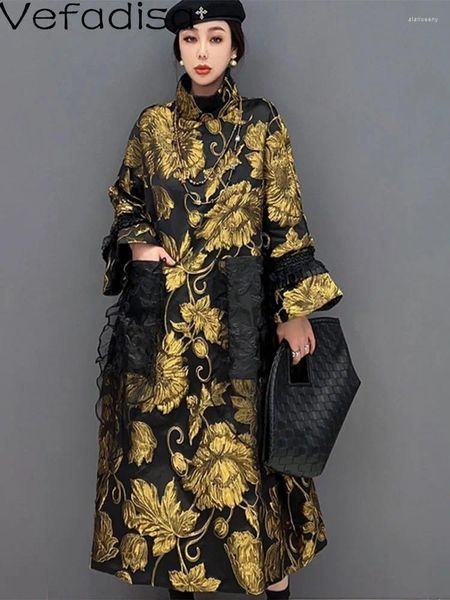 Robes décontractées Vefadisa Gold Yellow Femmes Style chinois Dentelle Splicing Impression Manteau Lâche Robe mi-longue 2024 Printemps Automne LHX3094