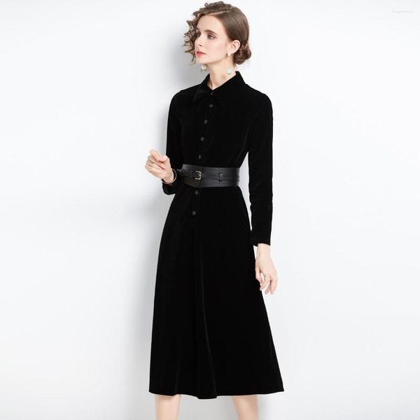 Robes décontractées velours à manches longues robe mi-longue bureau dame simple boutonnage noir pour les femmes Vestidos Casamento Convidada Elegante