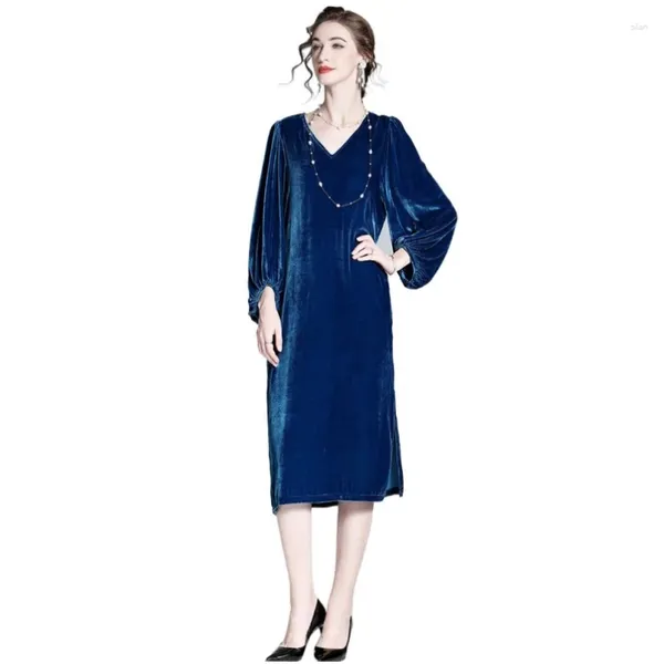 Robes décontractées Robe mi-longue en velours Style femme Banlieue Col en V Fond fendu Lâche Manches longues Robe Feminino Robe Longue