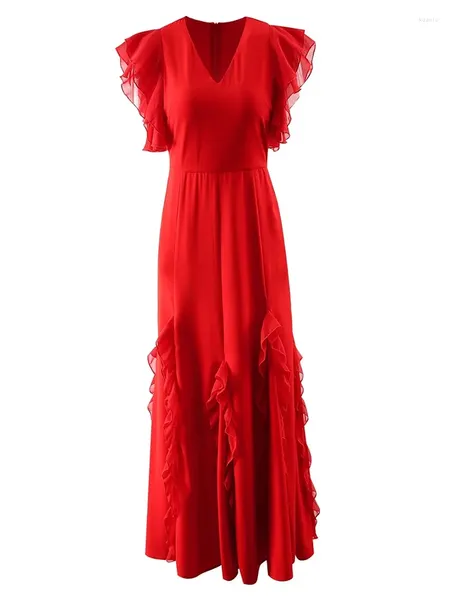 Robes décontractées VERDEJULIAY Robe rouge d'été pour femmes Designer de mode manches papillon col en V haute rue volants élégants patchwork long