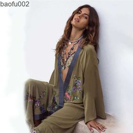 Casual jurken Vestidos Boho Hippie Chic Vintage Floral Embroidery Cardigan Beach Trip 2019 Kimono Pareo Long Sleeve Cape Cover Maxi Dress W0315
