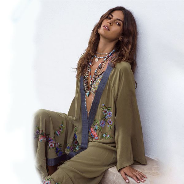 Robes décontractées Vestidos Boho Hippie Chic Vintage Floral Broderie Cardigan Plage Voyage Kimono Paréo À Manches Longues Cape Couverture Maxi Robe 230130