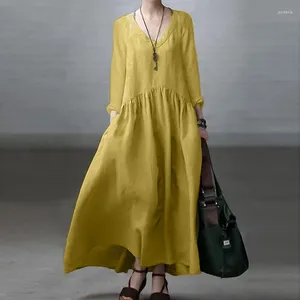 Vestidos casuales Vestidos de Mujer Algodón Lino Mujeres Otoño de gran tamaño Manga larga Vestido de color sólido Suelto con cuello en V Femme Robe