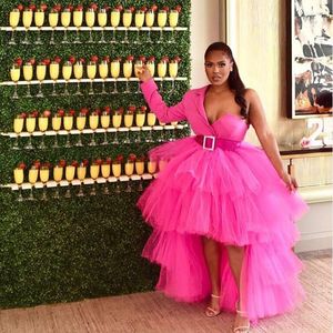 Casual jurken Vestidos Fuchsia High Lage Long Women Summer 2022 Een schouderruches Tiered Tule Formele feestjurk roze jurken roze jurken