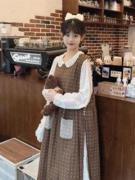 Robes décontractées Robes Vintage Harajuku Col rond Point de vague Longue Mode coréenne Preppy Lâche Sans manches Japonais Kawaii Vest Robe