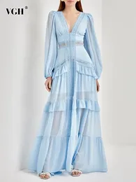 Casual Jurken VGH Effen Uitgesneden Voor Vrouwen Diepe V-hals Lange Mouw Hoge Taille Patchwork Ruches Sheer Split Dij Elegante Jurk Vrouwelijke