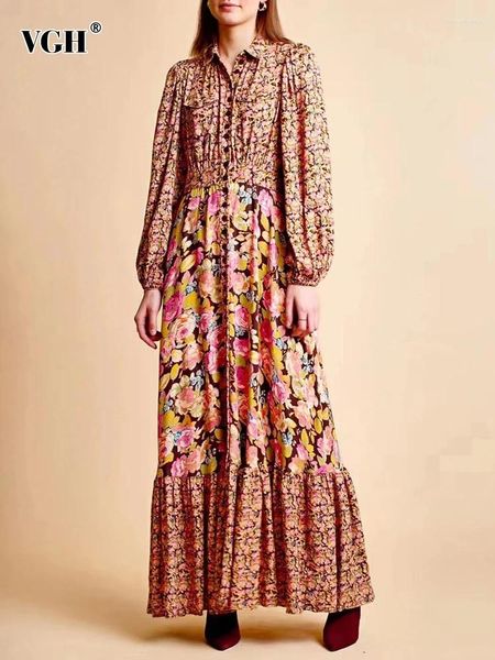 Robes décontractées VGH Vintage Midi Robe pour femmes revers lanterne manches taille haute imprimé floral colorblock vêtements féminins automne 2024