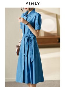 Robes décontractées Vimly 100% coton été chemise robes pour femmes bureau dames poches confortable ceinturé plissé élégant robe midi V3316 230329