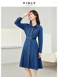 Robes décontractées Vimly rétro Blue Denim Shirt Robe for Women 2024 Butte de revers de printemps en ligne A-Line Cotton Washed Jean 72956