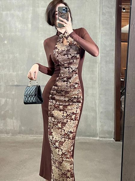 Vestidos casuales Vingtage Estilo chino Cheongsam Long Dress Mujeres retro Elegante Hollow Bodycon Qipao Rata Party Vestidos Longuette