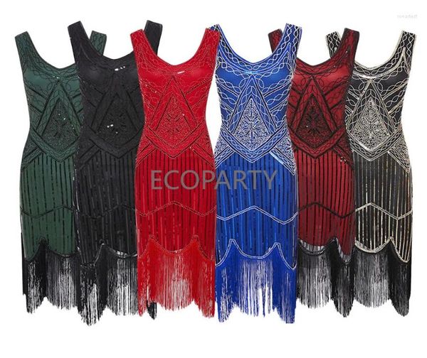 Robes décontractées Vintage 1920s Flapper Great Gatsby Robe O-Cou Cap Manches Paillettes Fringe Fête Midi Robes Verano 2024 Été