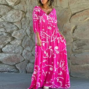 Robes décontractées Vintage 3/4 manches plissées robe de plage 2024 dame imprimer lâche longue mode motif bohème pull maxi