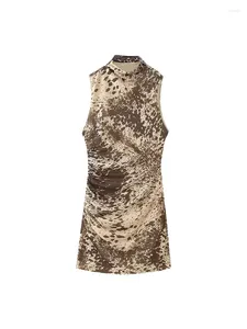Casual jurken vintage dierenhuid print veer rechte mini 2024 dames zomer mouwloze hoge taille slanke mesh korte jurk