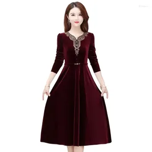 Casual jurken vintage applique fluwelen feestjurk vrouwen elegante slanke lange mouw a-line 2024spring knie-lengte vestidos