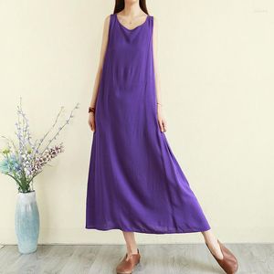 Robes décontractées Vintage Art Solide Couleur Coton Débardeur Robe Été Femmes Sans Manches O Cou Lâche Bottoming Dames Plus Taille Robes