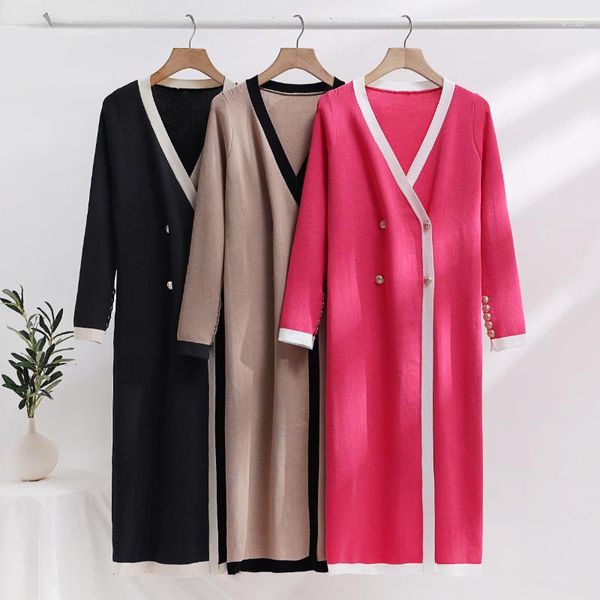 Robes décontractées Vintage automne tricoté robe femmes élégant col en v à manches longues double boutonnage contraste couleur pull Vestidos français