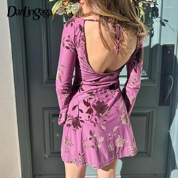 Robes décontractées vintage fleurs sans dos imprimées robe sexy femme flare manche de mode noueur clubwear 90s double couche