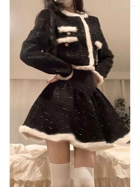 Robes décontractées Vintage Noir 2 pièces Ensemble Jupe Femme Automne Chaud Kawaii Crop Top Manteau Élégant Slim Mini Party Corée Mode Vêtements 2024