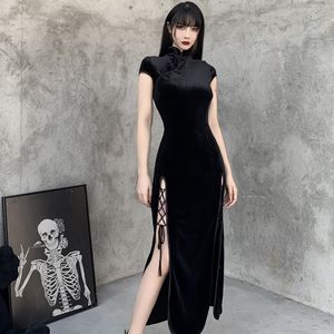 Casual jurken Vintage zwart verband Chinese stijl Cheongsam High Split Velvet Spring Retro Long Qipao Gothic Women Aesthetic 230331