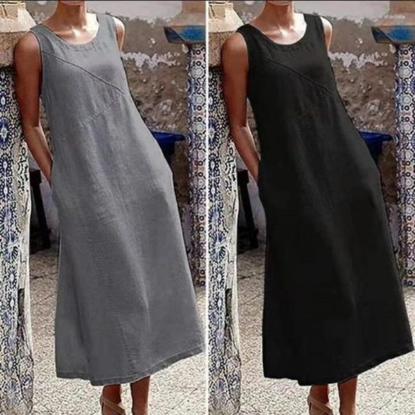 Vestidos casuales Vintage Negro Gris Sin mangas Algodón Vestido de lino Sólido Suelto Largo Verano Playa Chic Mujer Ropa Robe