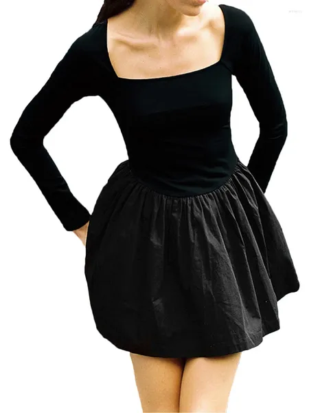 Vestidos casuales Vintage Black Party Bubble Dress Vestido de manga larga para mujer Cuello cuadrado Tutu Mini Noche Formale Vestido de bola Vestidos 2023