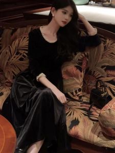 Casual jurken Vintage zwart fluwelen avondfeestjurk vrouw elegante slanke taille één stuk vestidos lente herfst a-line afstuderen gewaad