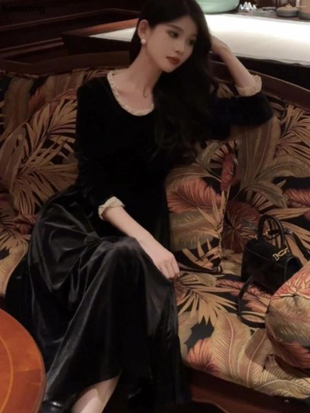 Robes décontractées vintage noire en velours de soirée robe de fête femme élégante slim