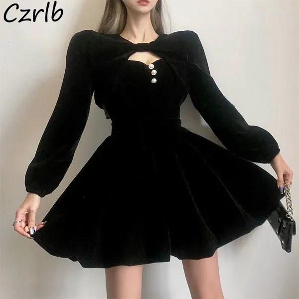 Vestidos casuales Vintage Negro Mujeres Velvet Slim 2 Pecs Manga larga CHIC A-LINE Mini Autumn Winter High cintura elegante