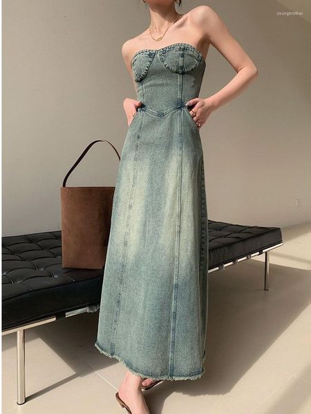 Vestidos casuales Vintage Blue Denim Vestido largo para mujeres Zip Up Back Pecho Wrapping Jeans 2023 Verano Sin mangas Slim Vestdios 9550