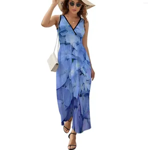 Casual jurken Vintage Blue Flower Dress Hydrangea Print Aesthetic Boho Beach Long Women Elegant Gedrukt Maxi Cadeau