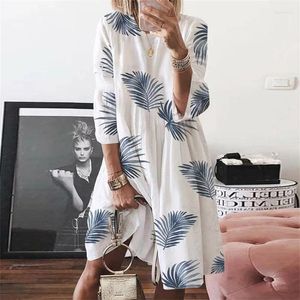 Casual Jurken Vintage Boho Palmbladprint Vlinder Dames Hoge taille O-hals Grote zoom Katoen Linnen Los Kort Gewaad Dames 5XL