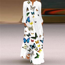 Vestidos casuales Vintage mariposa vestido de impresión 2022 V cuello más tamaño largo otoño mujer manga niña playa maxi mujeres