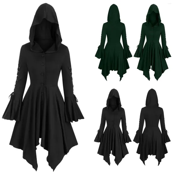 Vestidos casuales Vintage Cabo con capucha Medieval Bruja Cosplay Disfraces Mujeres Otoño Lace Up Gothic Party Vestido irregular Vestidos Robe