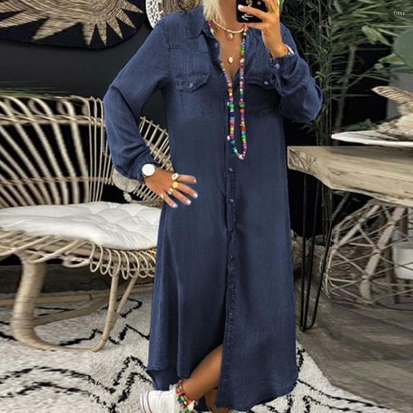 Robes décontractées Vintage Charme Pure Color Single Breasted Denim Dress Anti-pilling Shirt Slim For Vacation