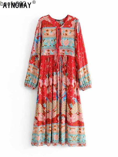 Robes décontractées Vintage Chic Mode Femmes À Manches Longues Gland Rouge Imprimé Floral Plage Bohème Maxi Robes Dames Coton Plissée Boho Robe Robe W0315