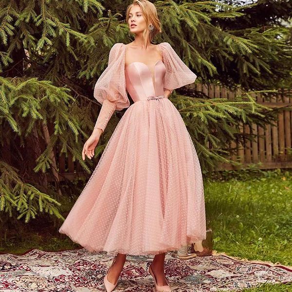 Robes décontractées Vintage Chic à manches longues tunique robe Midi élégant 2021 été femmes Sexy maille transparente rose fête nuit