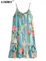 Vestidos casuales Vintage Chic Mujeres Grúa Estampado floral Correa sin mangas Playa Bohemio Damas Verano Boho Midi Vestido Robe Cover-ups