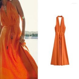 Abiti casual Vintage Chic Women Dress Arancione Solid Halter Con scollo a V Backless Belt Straight Long Vestidos Fashion 2023 Summer