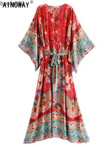 Robes décontractées Vintage chic femmes rouge imprimé floral manches chauve-souris plage robes bohème kimono dames col en V ceintures Boho maxi robe vestidos W0315